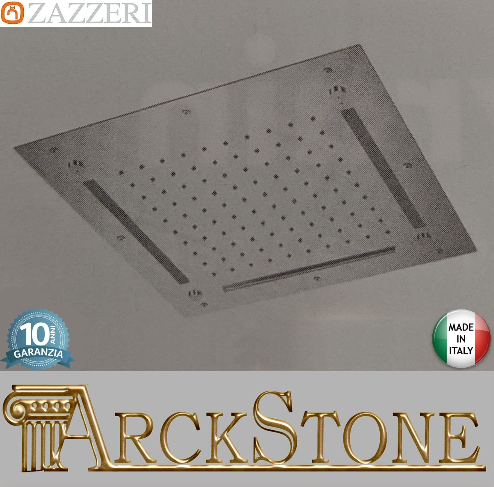 Zazzeri Rubinetterie SHIRÒ SKYRAIN Soffione Doccia A Soffitto Quadrato 430x430 mm Con Pioggia Cascata Nebulizzatori e Led RGB Stile Moderno Materiale Acciaio Inox Finitura Acciaio Spazzolato