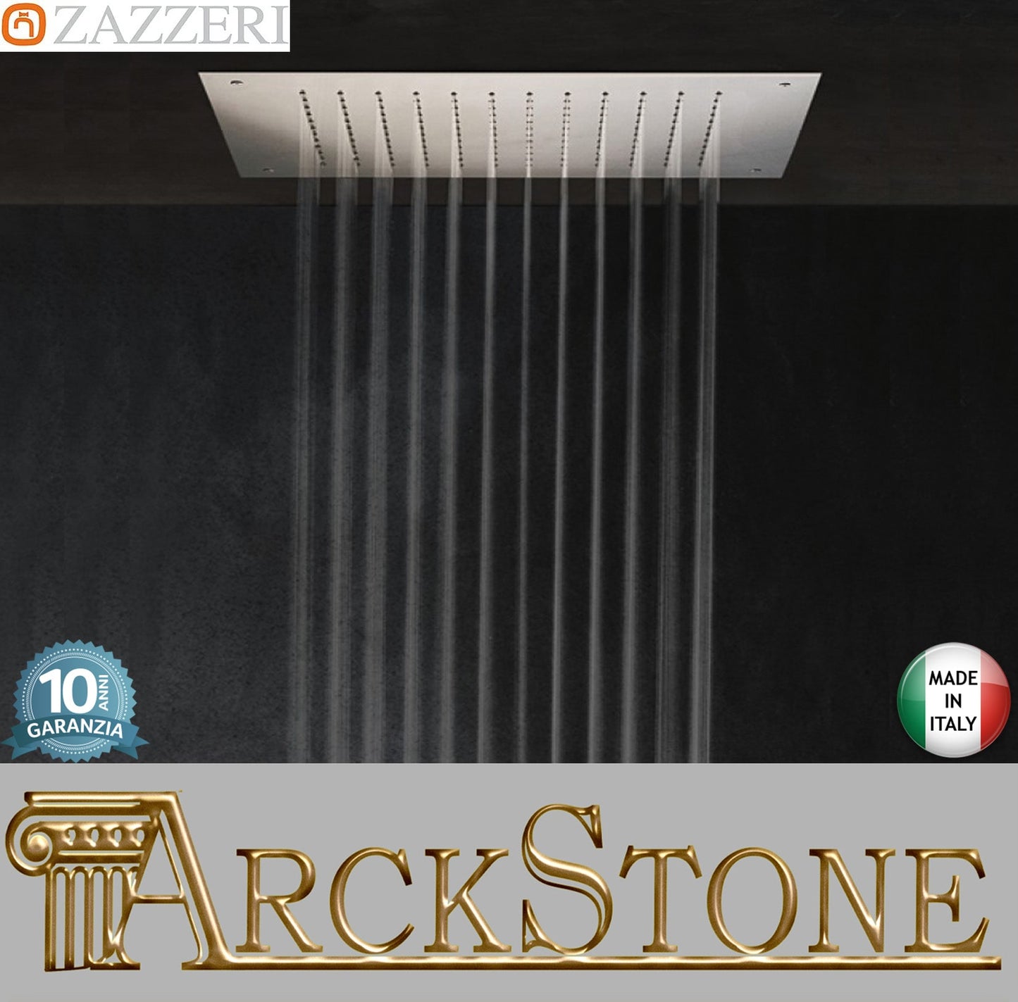 Zazzeri Rubinetterie SHIRÒ SKYRAIN Soffione Doccia A Soffitto Quadrato 500x500 mm Con Pioggia Stile Moderno Materiale Acciaio Inox Finitura Acciaio Spazzolato