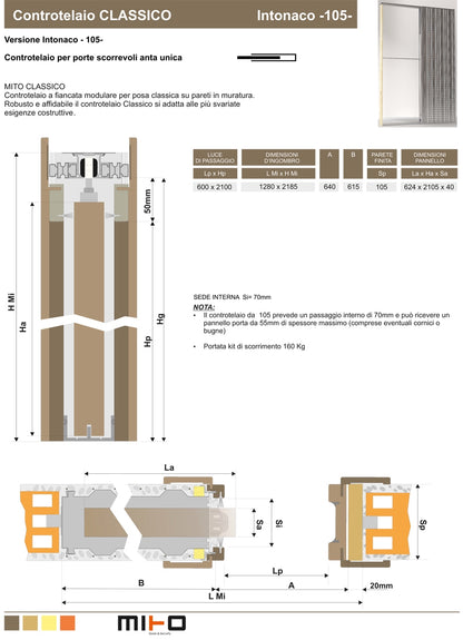 Mito Classico Controtelaio Porte Scorrevoli Intonaco Muratura Scorrimento Interno Base Parete giunto elastico lamella irrigidimento Telaio barra kit carrello guida innesto rapida montaggio cuscinetto garanzia 15 Anni 60x210x10,5 cm