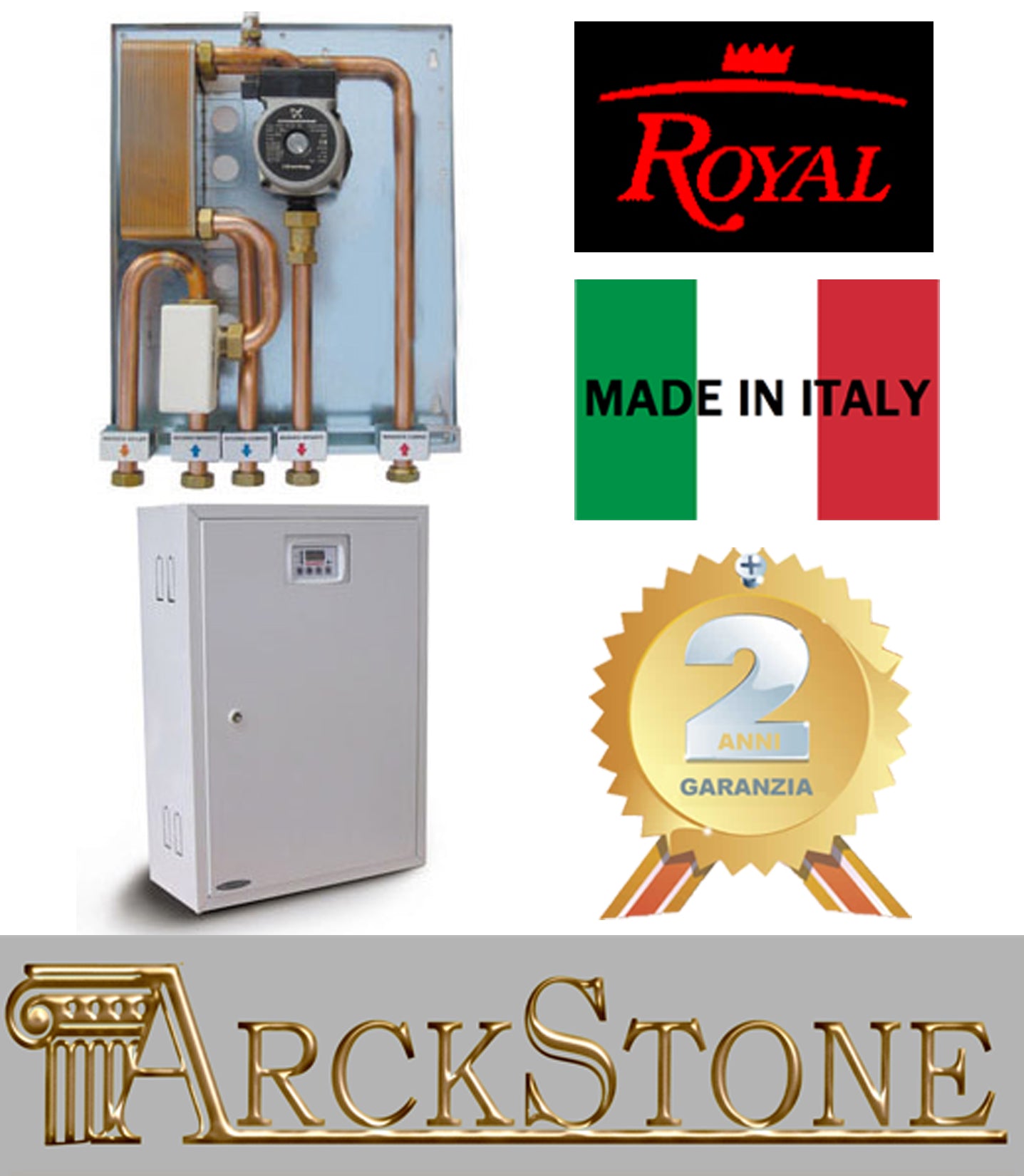 Royal Palazzetti Kit P5 Separazione Gestione Puffer Alta Efficienza Abbina Stufa Pellet Impianto Esistente Separa Cincuito Primario Secondario Produce Acqua Calda Sanitaria Istantanea ACS Costituito Circolatore Scambiatori Valvola Flussostato Centralina
