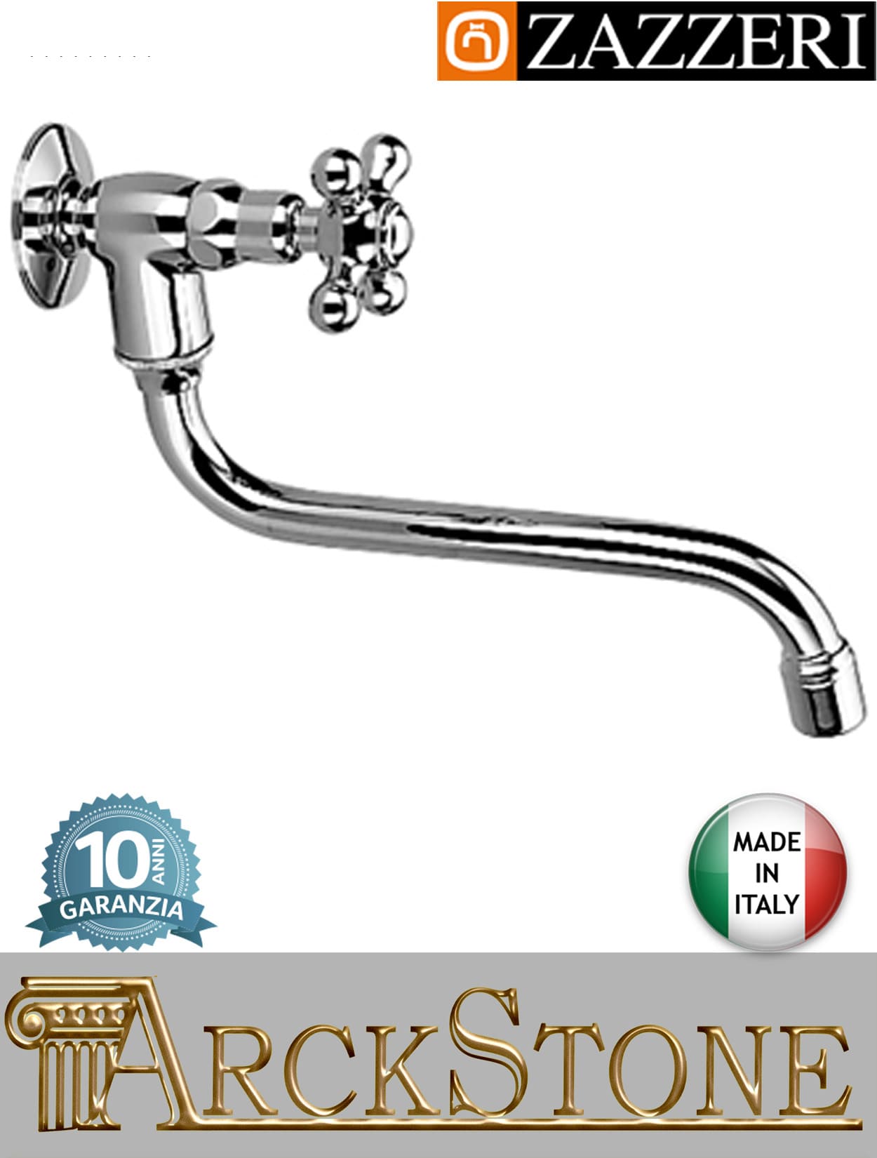 Rubinetto lavello marca Zazzeri modello 800 finitura ottone cromato parete vitone tradizionale collo girevole monoforo muro rubinetteria fontana arredo cucina arredamento acqua garanzia 10 anni qualità made in italy