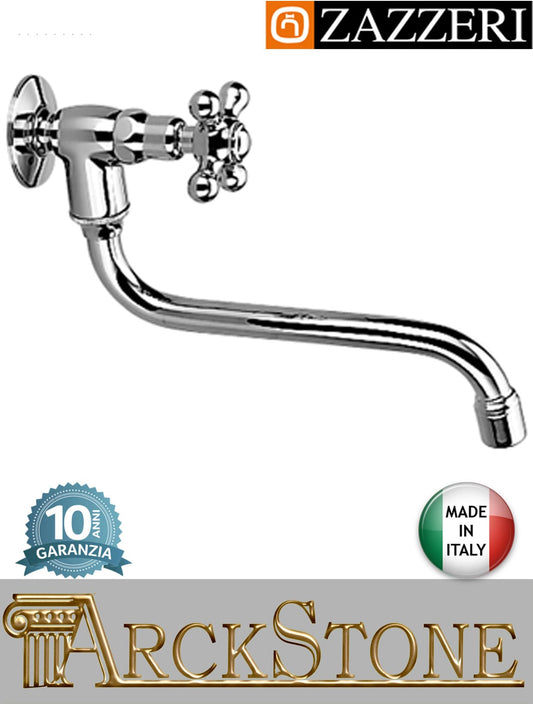 Rubinetto lavello marca Zazzeri modello 802 finitura ottone cromato parete vitone ceramico 180° collo girevole monoforo rubinetteria fontana arredo cucina arredamento acqua garanzia 10 anni qualità made in italy