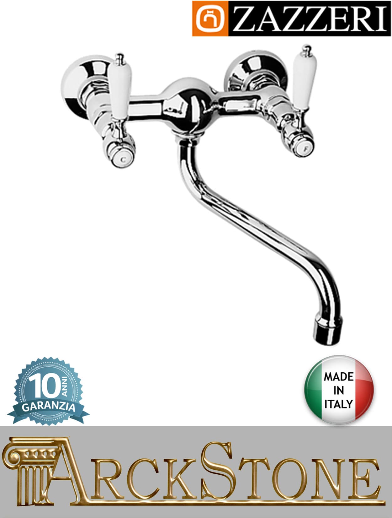 Miscelatore lavello marca Zazzeri modello 803 finitura ottone cromato parete vitone ceramico 90° collo girevole 2 due fori muro rubinetto rubinetteria fontana mix cucina acqua garanzia 10 anni qualità made in italy