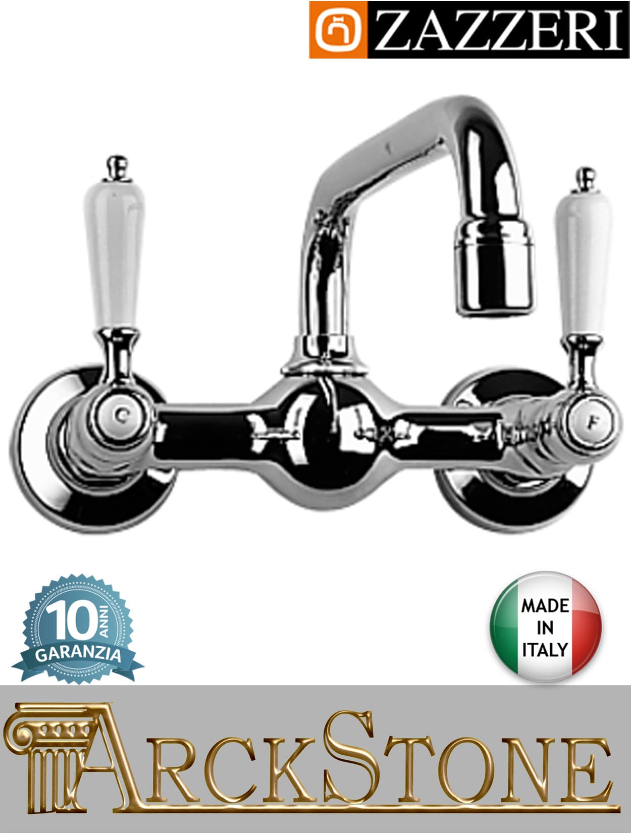 Miscelatore lavello marca Zazzeri modello 803 finitura ottone cromato parete vitone ceramico 90° collo girevole due fori muro rubinetto rubinetteria fontana mix cucina acqua garanzia 10 anni qualità made in italy
