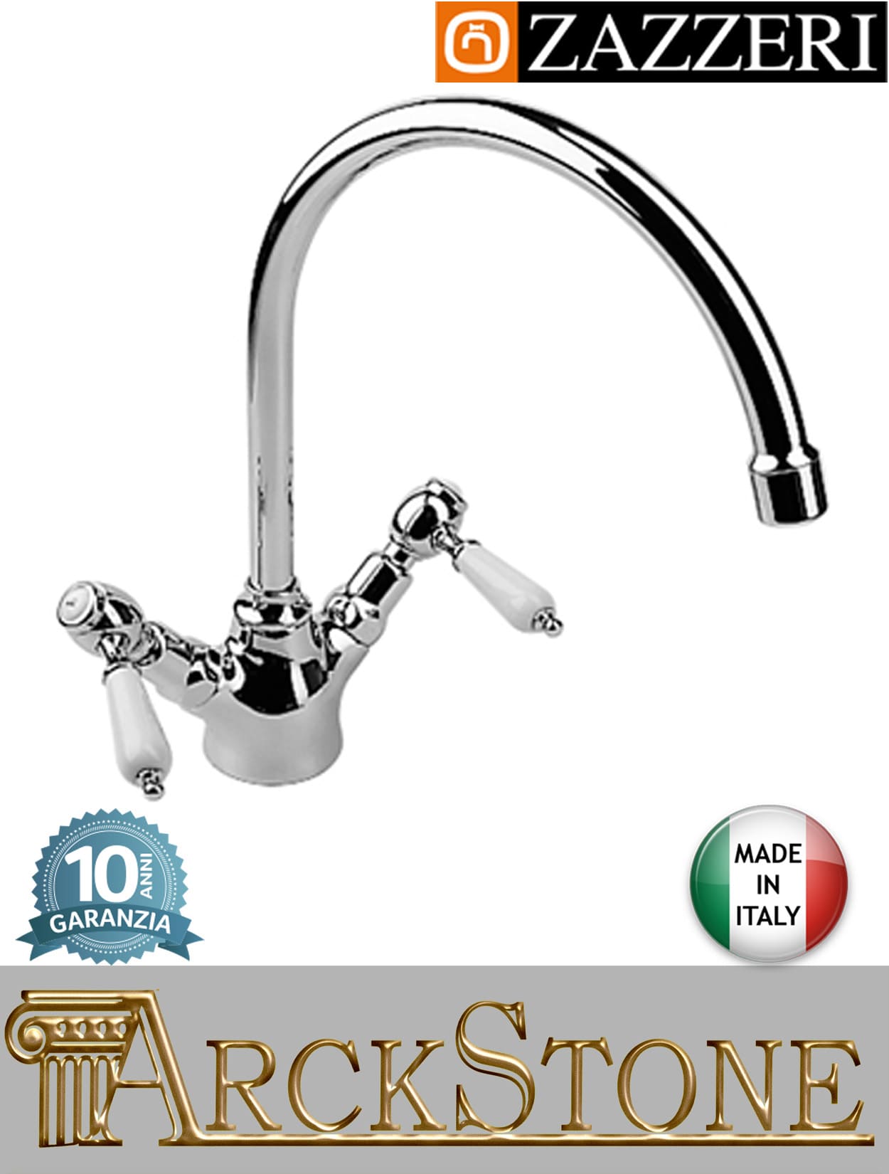 Miscelatore lavello marca Zazzeri modello 803 finitura ottone cromato appoggio collo girevole vitone ceramico 90° monoforo rubinetto fontana rubinetteria acqua cucina casa mix garanzia 10 anni qualità made in italy