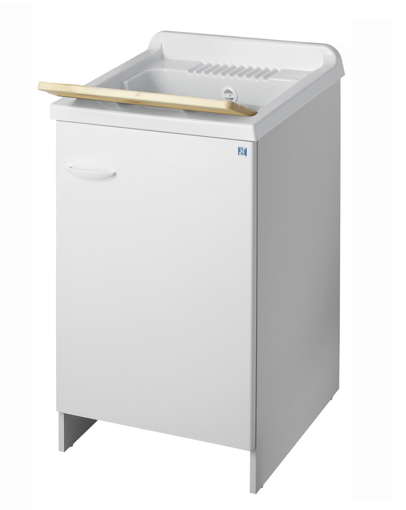 Negrari Magica Arredo Lavatoio Misura 45x50 L45 P50 H85 CM Bianco Lavapanni Interno Bagno Lavanderia Base Mobile Nobilitato Idrofugo Legno Vasca Lavabo Lavandino Lavello Resina Plastica Asse Pino Verniciato Sifone Piedi Anta Sportello Arrotondato Battente