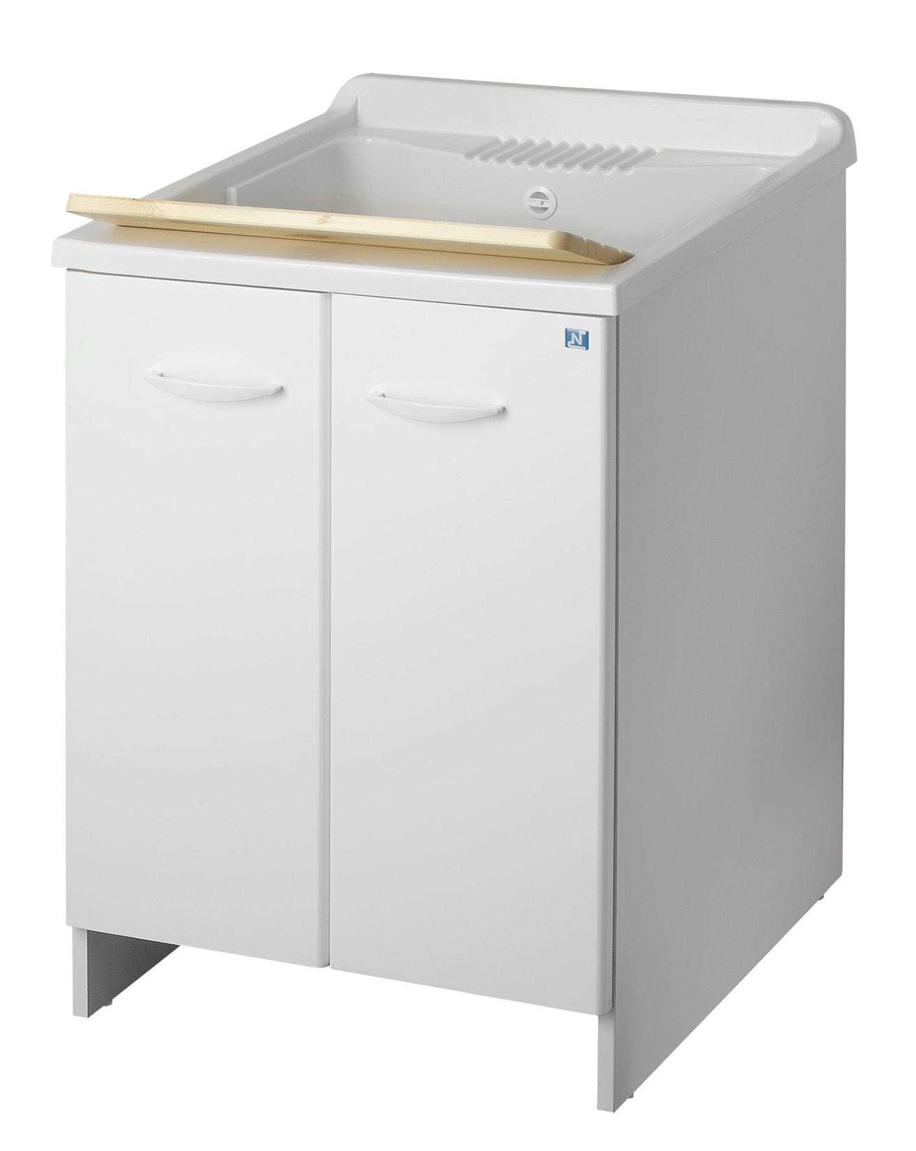 Negrari Magica Arredo Lavatoio Misura 60x60 L60 P60 H85CM Bianco Lavapanni Interno Bagno Lavanderia Mobile Nobilitato Idrofugo Legno Vasca Lavabo Lavandino Lavello Resina Plastica Asse Pino Verniciato Sifone Piedi 2 Due Ante Sportelli Arrotondato Battenti