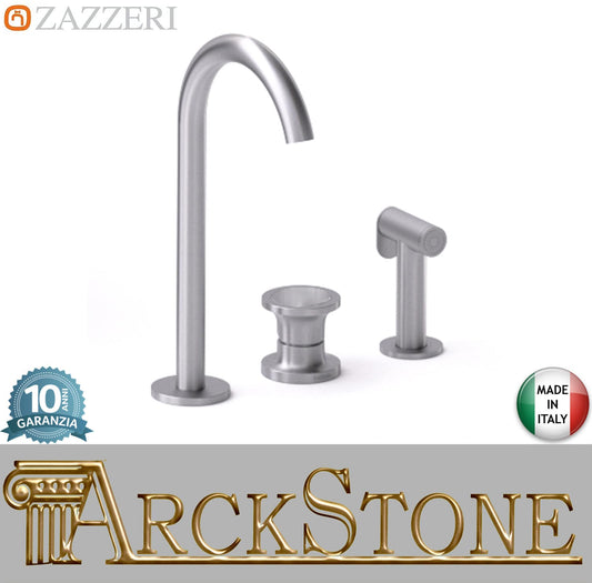 Zazzeri Rubinetterie JK21 Mono Monocomando Remoto Lavello Ad Appoggio Collo Girevole Con Doccetta Estraibile Spray 3 Fori Stile Moderno Materiale Acciaio Inox Finitura Acciaio Spazzolato