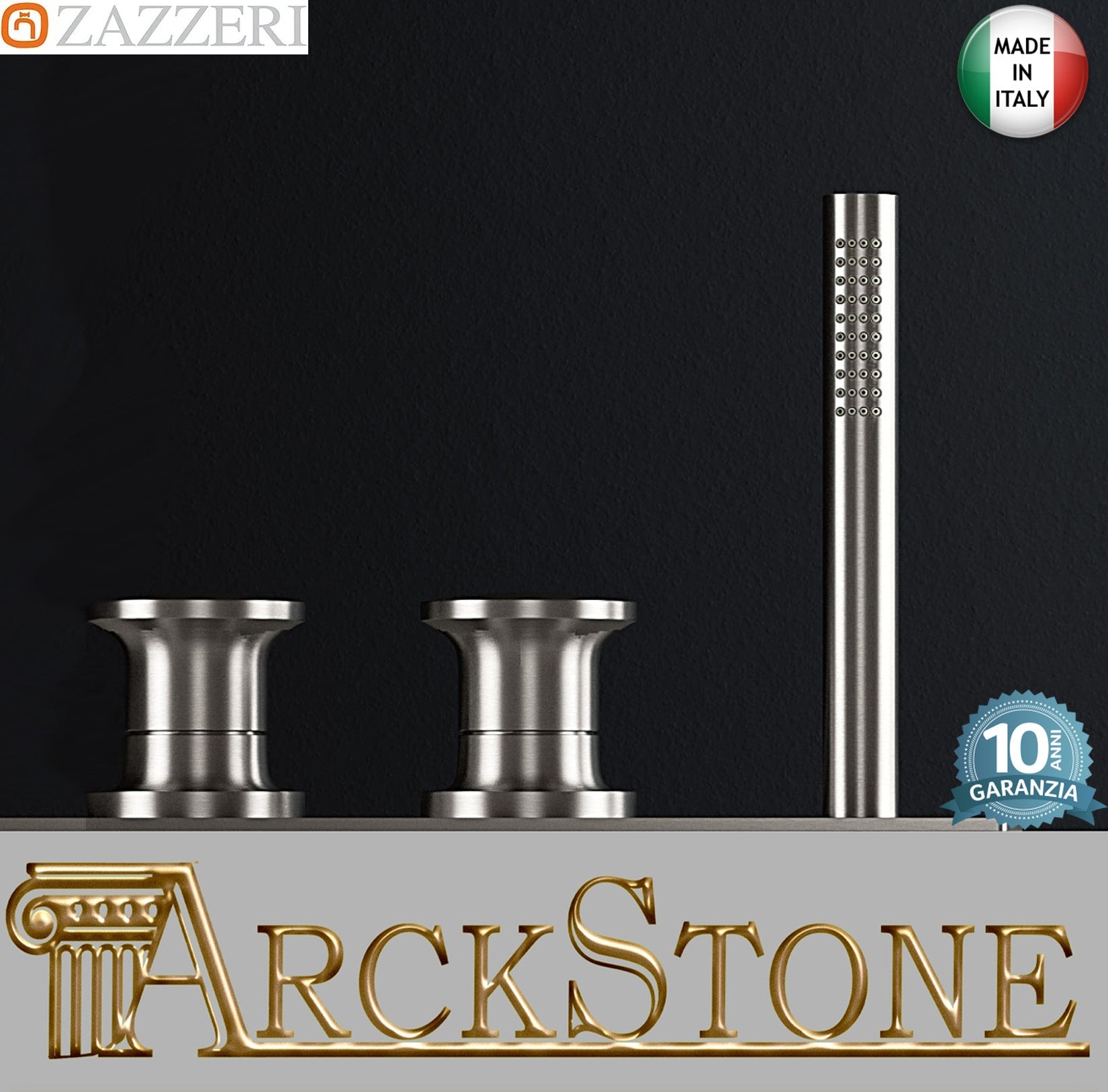 Zazzeri Rubinetterie JK21 Mono Batteria Vasca Appoggio Per Piano Con Due Leve E Doccetta Stilo 3 Fori Con Piastra Stile Moderno Materiale Acciaio Inox Finitura Acciaio Spazzolato