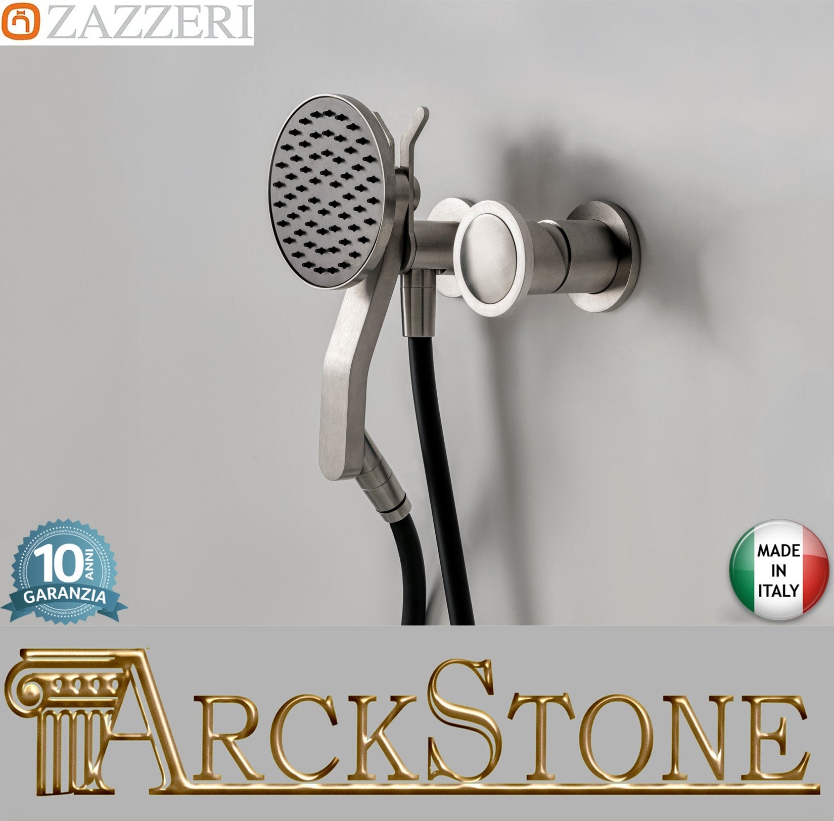 Zazzeri Rubinetterie JK21 Mono Miscelatore Doccia Meccanico Incasso A Muro 2 Vie E Doccetta Tonda Ø120 mm 2 Fori Monocomando Stile Moderno Materiale Acciaio Inox Finitura Acciaio Spazzolato