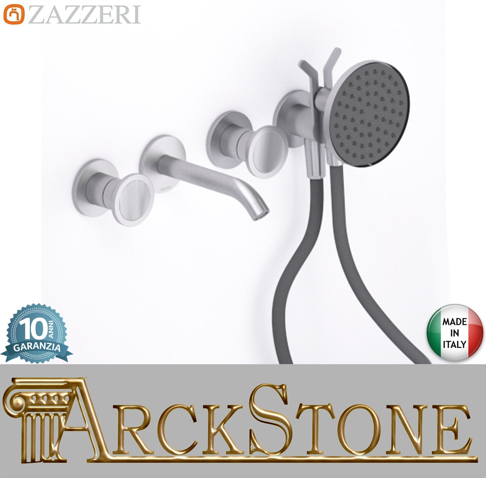 Zazzeri Rubinetterie JK21 Mono Gruppo Vasca A Incasso A Muro Con Due Miscelatori Doccetta Tonda Palmare Ø120 mm 4 Fori Senza Piastra Stile Moderno Materiale Acciaio Inox Finitura Acciaio Spazzolato