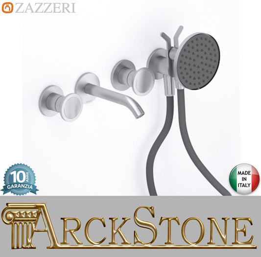 Zazzeri Rubinetterie JK21 Mono Gruppo Vasca A Incasso A Muro Con Due Miscelatori Doccetta Tonda Palmare Ø120 mm 4 Fori Senza Piastra Stile Moderno Materiale Acciaio Inox Finitura Acciaio Spazzolato