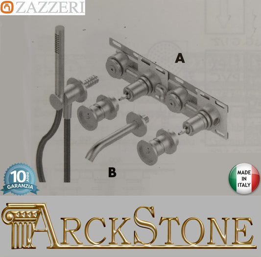 Zazzeri Rubinetterie JK21 Mono Gruppo Vasca A Incasso A Muro Con Due Miscelatori Doccetta Stilo 4 Fori Senza Piastra Stile Moderno Materiale Acciaio Inox Finitura Acciaio Spazzolato