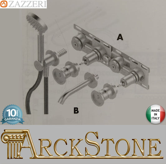 Zazzeri Rubinetterie JK21 Mono Gruppo Vasca A Incasso A Muro Con Due Miscelatori Doccetta Tonda Ø90 mm 4 Fori Senza Piastra Stile Moderno Materiale Acciaio Inox Finitura Acciaio Spazzolato