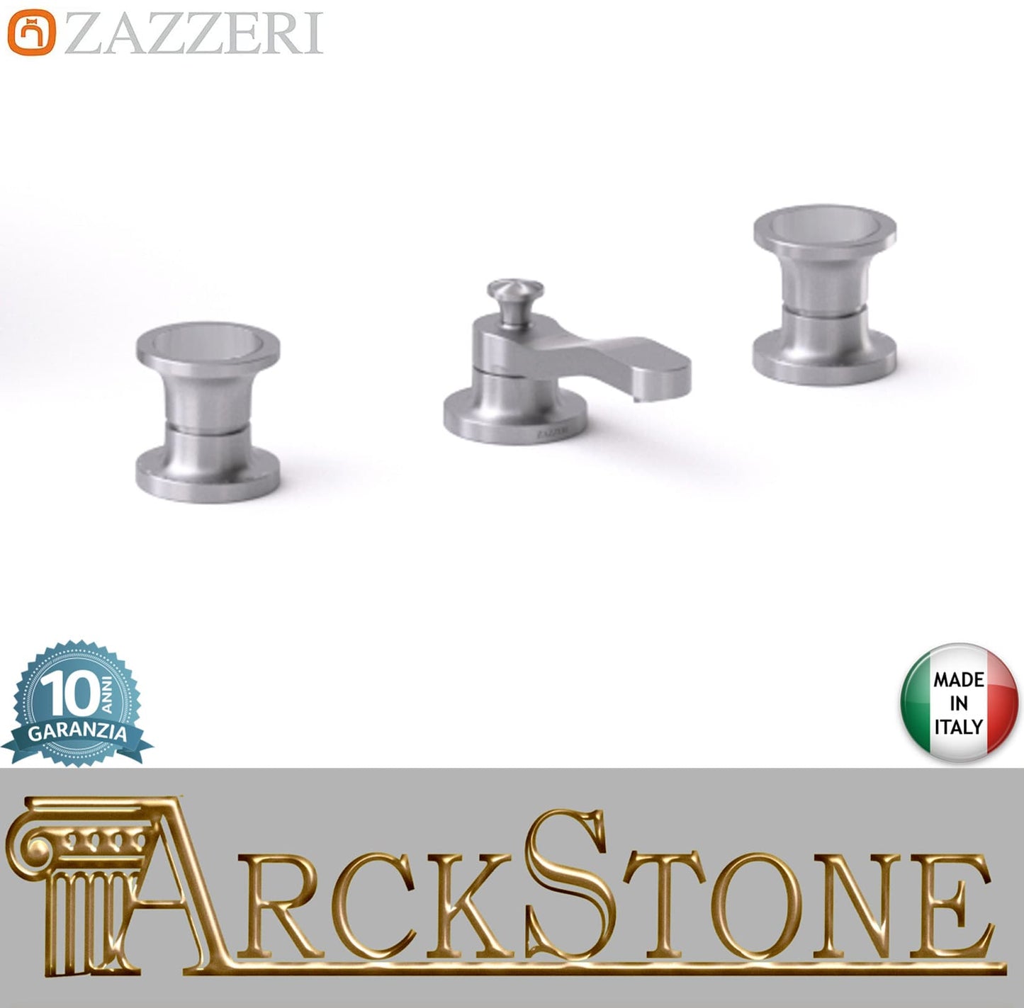 Zazzeri Rubinetterie JK21 Batteria Lavabo / Bidet Collo Girevole 2 Leve L140 x H45 mm 3 Fori Senza Piletta Di Scarico Stile Moderno Materiale Acciaio Inox Finitura Acciaio Spazzolato