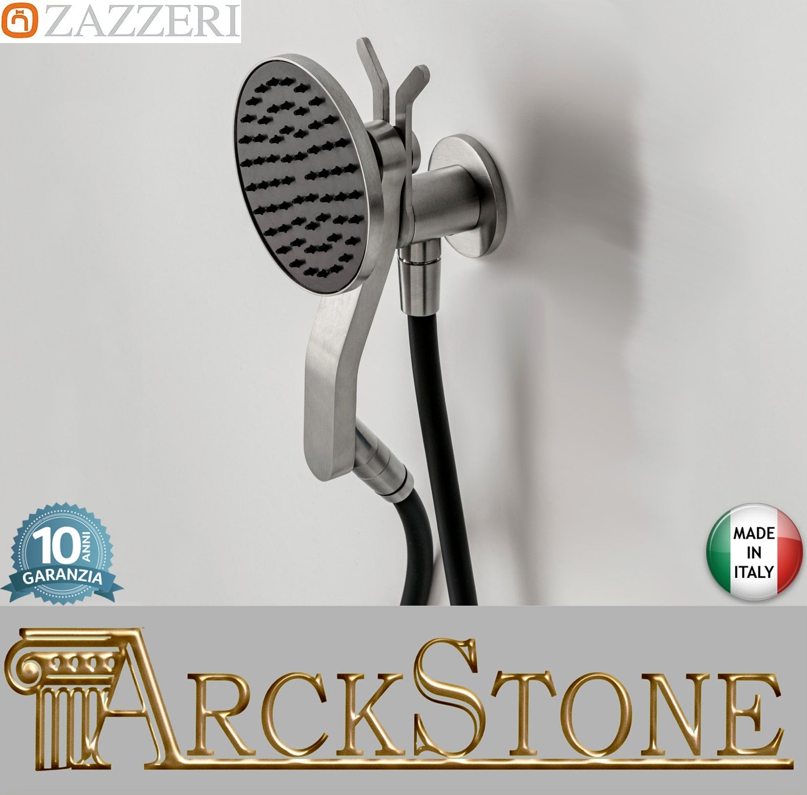 Zazzeri Rubinetterie JK21 Mono Set Doccia Con Doccetta Tonda Ø120 mm Monogetto Completo Di Presa Acqua A Muro E Supporto Stile Moderno Materiale Acciaio Inox Finitura Acciaio Spazzolato