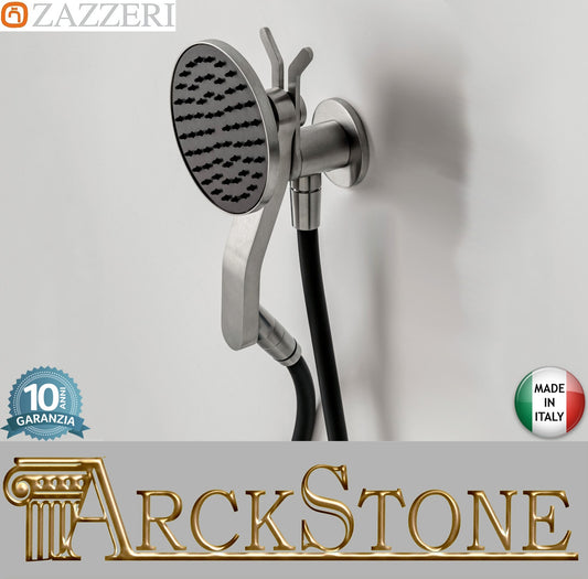 Zazzeri Rubinetterie JK21 Mono Set Doccia Con Doccetta Tonda Ø120 mm Monogetto Completo Di Presa Acqua A Muro E Supporto Stile Moderno Materiale Acciaio Inox Finitura Acciaio Spazzolato