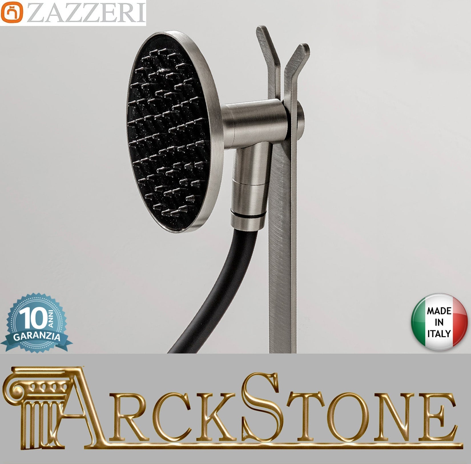 Zazzeri Rubinetterie JK21 Mono Set Doccia Con Doccetta Tonda Palmare Ø120 mm Monogetto Completo Di Presa Acqua A Muro E Supporto Stile Moderno Materiale Acciaio Inox Finitura Acciaio Spazzolato