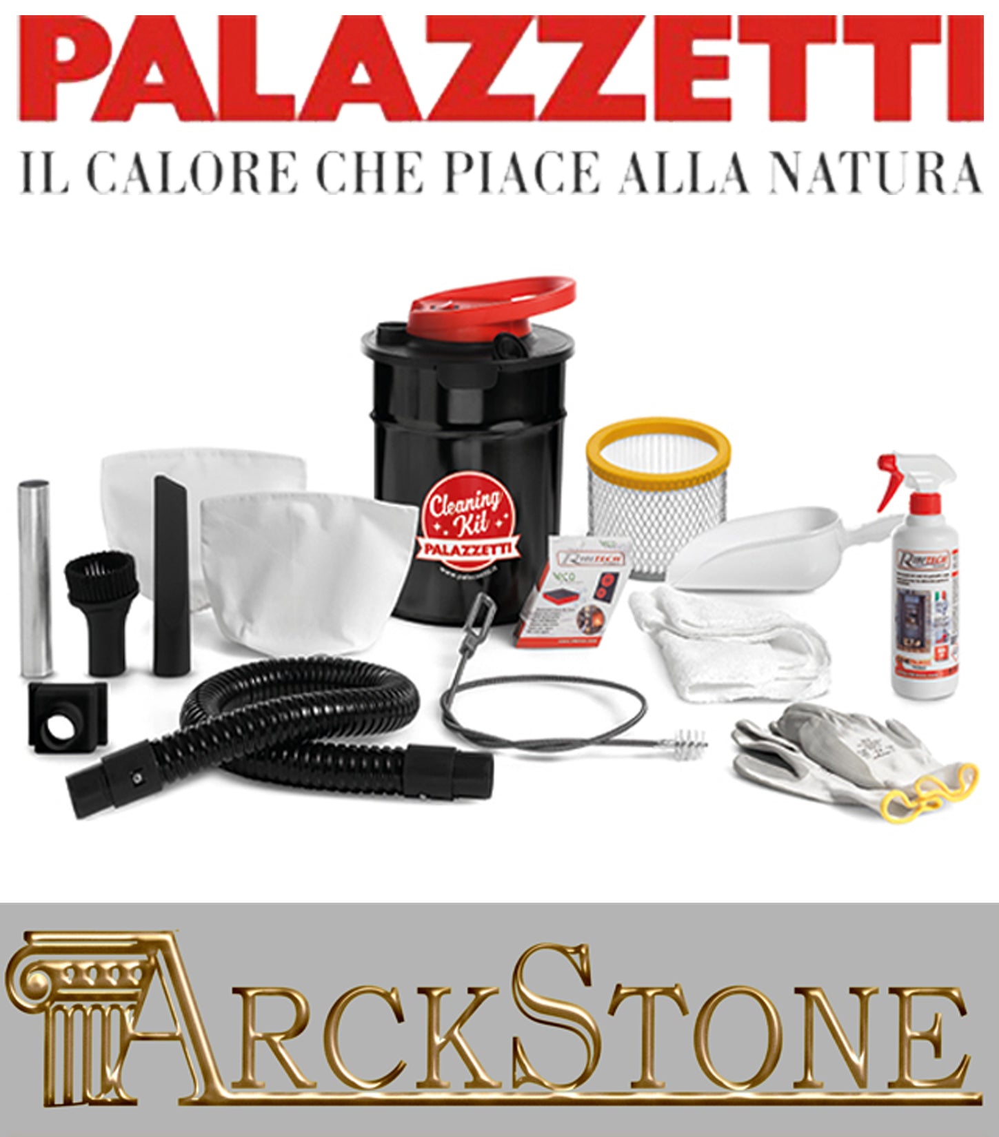 Aspiracenere Aspirapolvere Aspira Cenere Polvere Palazzetti Cleaning Kit Pulizia Manutenzione Stufe Pellet Maniglia Trasporto Filtro Hepa Doppio Sacchetto Tubo Flessibile Metallo Detergente Vetro Ceramico Spugnetta Panno Scovolo Flessibile Guanti Sessola 