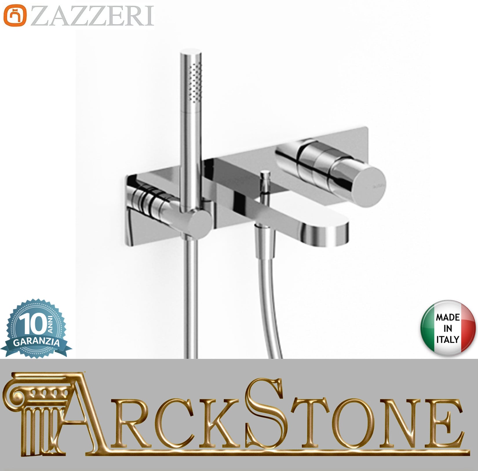 Zazzeri Rubinetterie TREND X-ONE Miscelatore Vasca Incasso A Muro Con Doccetta Stilo Monocomando 3 Fori Con Piastra Stile Moderno Materiale Ottone Finitura Cromato