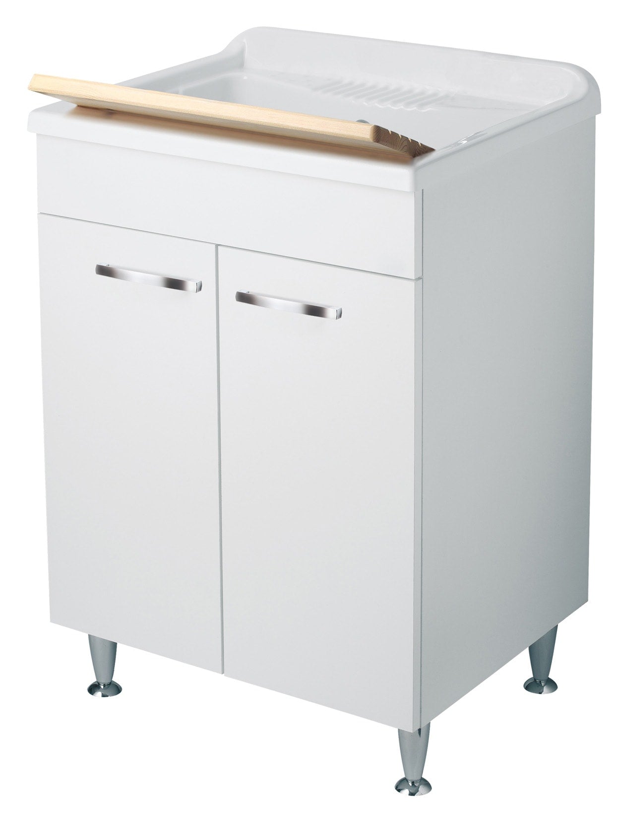 Negrari Classica Lavatoio Montato Misura 60x50 L60 P50 H85 cm Colore Bianco Base Mobile Nobilitato Idrofugo Vasca Polipropilene Asse Pino Verniciato Piedini Regolabili Cerniere Ante Chiusura Rallentata Sportelli Arrotondati Maniglie Piedini Cromati