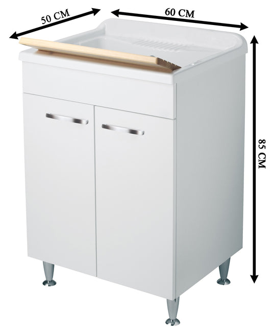 Negrari Classica Lavatoio Montato Misura 60x50 L60 P50 H85 cm Colore Bianco Con Cesto in Appoggio Mobile Nobilitato Idrofugo Vasca Polipropilene Asse Pino Piedini Regolabili Cerniere Anta Chiusura Rallentata Sportello Arrotondato Maniglia Piedini Cromati