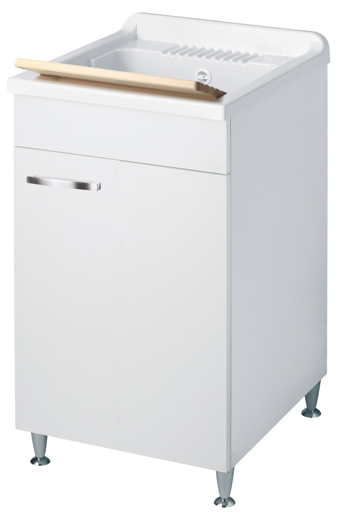 Negrari Classica Lavatoio Montato Misura 50x50 L50 P50 H85 cm Colore Bianco Base Mobile Nobilitato Idrofugo Vasca Polipropilene Asse Pino Verniciato Piedini Regolabili Cerniere Anta Chiusura Rallentata Sportello Arrotondato Maniglia Piedini Cromati