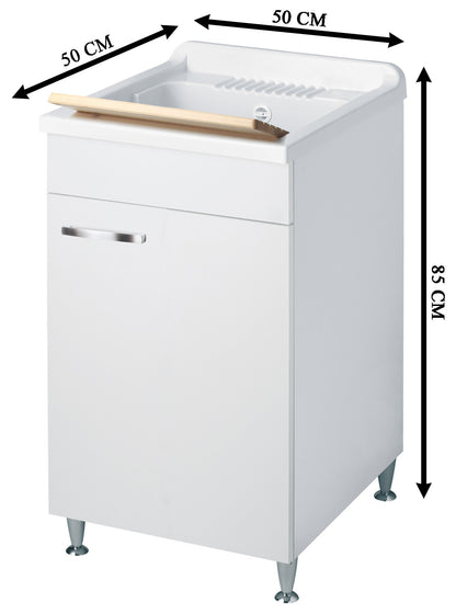 Negrari Classica Lavatoio Montato Misura 50x50 L50 P50 H85 cm Colore Bianco Con Cesto in Appoggio Mobile Nobilitato Idrofugo Vasca Polipropilene Asse Pino Piedini Regolabili Cerniere Anta Chiusura Rallentata Sportello Arrotondato Maniglia Piedini Cromati