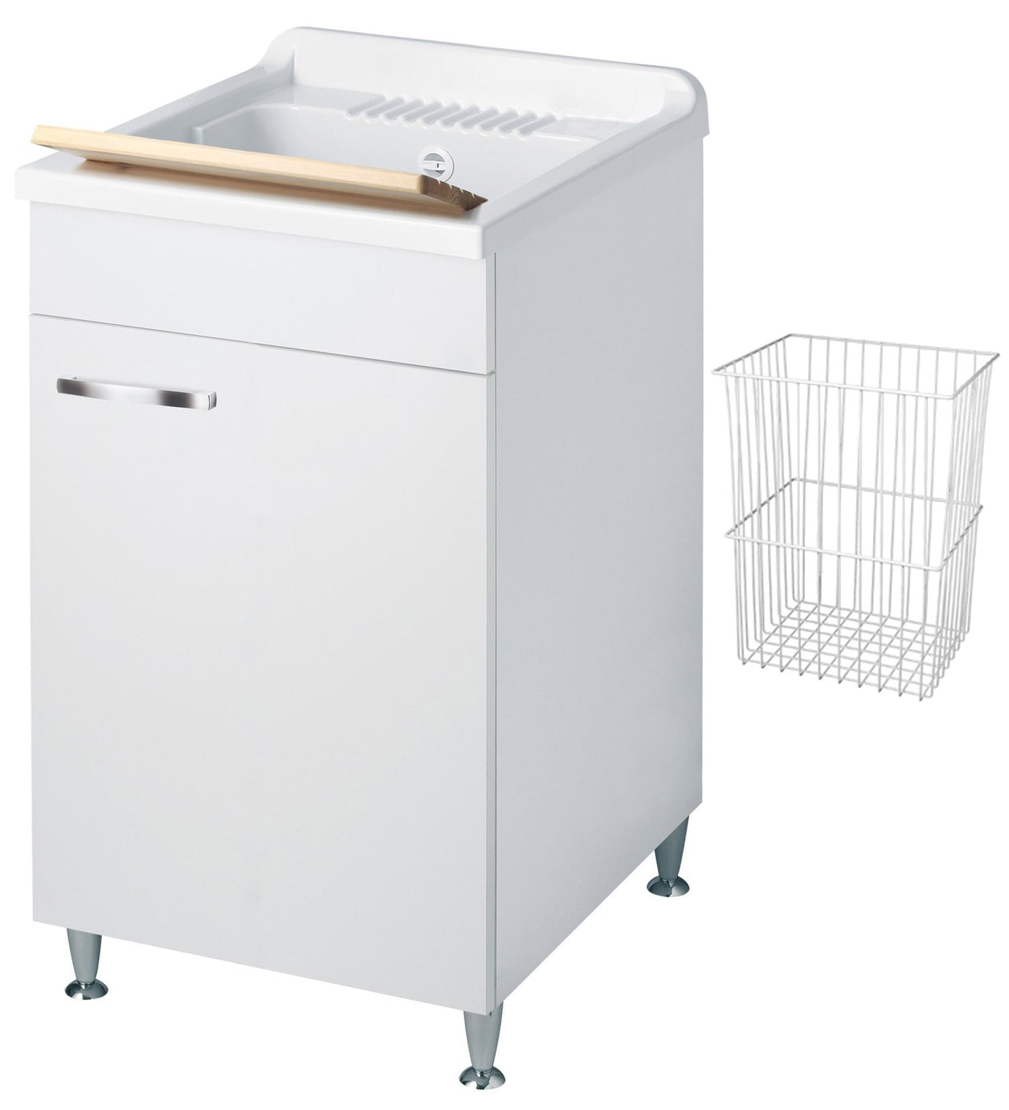 Negrari Classica Lavatoio Montato Misura 45x60 L45 P60 H85 cm Colore Bianco Con Cesto in Appoggio Mobile Nobilitato Idrofugo Vasca Polipropilene Asse Pino Piedini Regolabili Cerniere Anta Chiusura Rallentata Sportello Arrotondato Maniglia Piedini Cromati