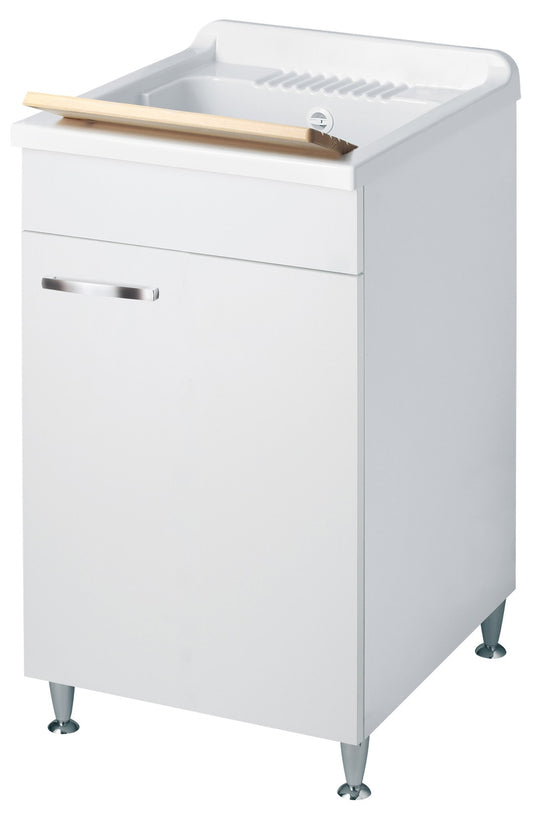 Negrari Classica Lavatoio Montato Misura 45x50 L45 P50 H85 cm Colore Bianco Base Mobile Nobilitato Idrofugo Vasca Polipropilene Asse Pino Verniciato Piedini Regolabili Cerniere Anta Chiusura Rallentata Sportello Arrotondato Maniglia Piedini Cromati