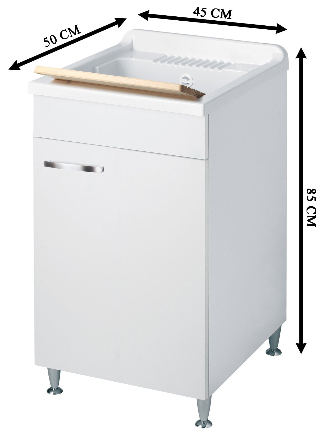 Negrari Classica Lavatoio Montato Misura 45x50 L45 P50 H85 cm Colore Bianco Base Mobile Nobilitato Idrofugo Vasca Polipropilene Asse Pino Verniciato Piedini Regolabili Cerniere Anta Chiusura Rallentata Sportello Arrotondato Maniglia Piedini Cromati