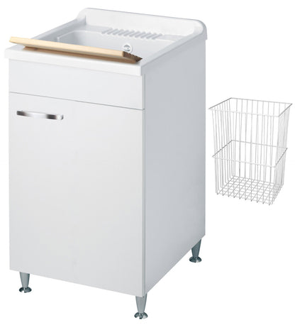 Negrari Classica Lavatoio Montato Misura 45x50 L45 P50 H85 cm Colore Bianco Con Cesto in Appoggio Mobile Nobilitato Idrofugo Vasca Polipropilene Asse Pino Piedini Regolabili Cerniere Anta Chiusura Rallentata Sportello Arrotondato Maniglia Piedini Cromati