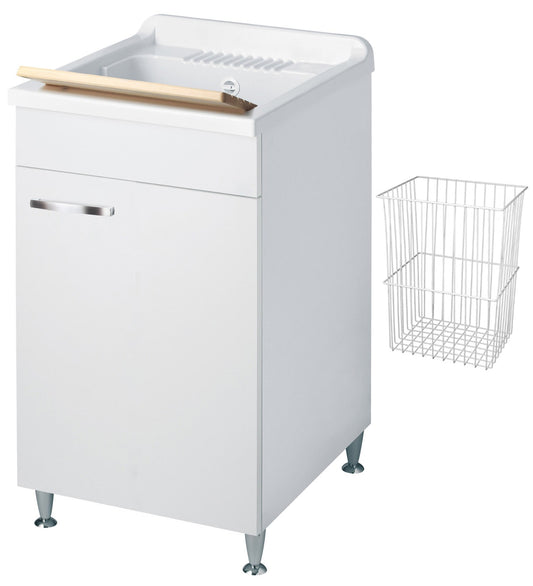 Negrari Classica Lavatoio Montato Misura 45x50 L45 P50 H85 cm Colore Bianco Con Cesto in Appoggio Mobile Nobilitato Idrofugo Vasca Polipropilene Asse Pino Piedini Regolabili Cerniere Anta Chiusura Rallentata Sportello Arrotondato Maniglia Piedini Cromati