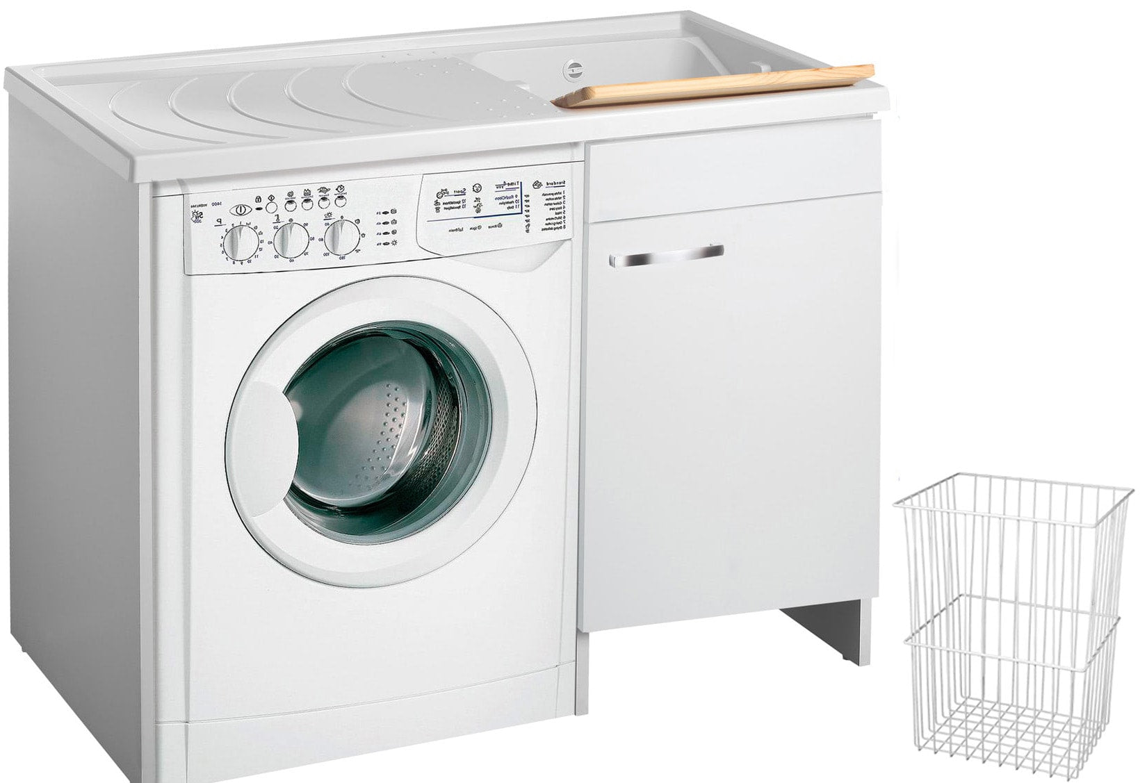 Negrari Classica Lavatoio Coprilavatrice Montato Vasca Destra Lavatrice Sinistra Bianco Anta Battente Arrotondate Cerniere Chiusura Rallentata Cestello Mobile Nobilitato Idrofugo Lavabo Polipropilene Asse Pino Interno Maniglie Cromo L109 P60 109x60 H92 cm