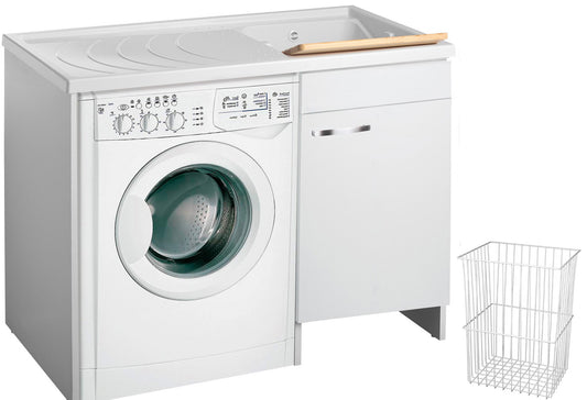 Negrari Classica Lavatoio Coprilavatrice Montato Vasca Destra Lavatrice Sinistra Bianco Anta Battente Arrotondate Cerniere Chiusura Rallentata Cestello Mobile Nobilitato Idrofugo Lavabo Polipropilene Asse Pino Interno Maniglie Cromo L109 P60 109x60 H92 cm