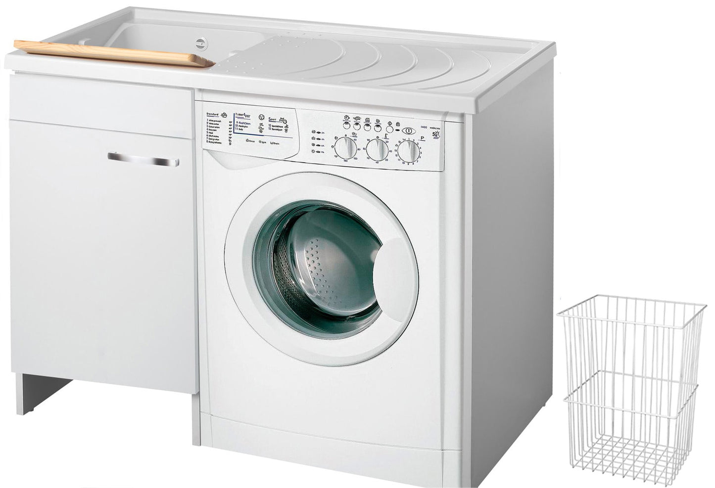 Negrari Classica Lavatoio Coprilavatrice Montato Vasca Sinistra Lavatrice Destra Bianco Anta Battente Arrotondate Cerniere Chiusura Rallentata Cestello Mobile Nobilitato Idrofugo Lavabo Polipropilene Asse Pino Interno Maniglie Cromo L109 P60 109x60 H92 cm