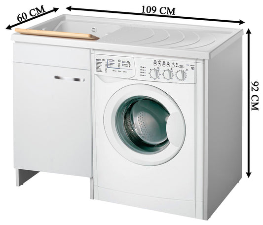 Negrari Classica Lavatoio Coprilavatrice Montato Vasca Sinistra Lavatrice Destra Bianco Anta Battente Arrotondate Cerniere Chiusura Rallentata Cestello Mobile Nobilitato Idrofugo Lavabo Polipropilene Asse Pino Interno Maniglie Cromo L109 P60 109x60 H92 cm