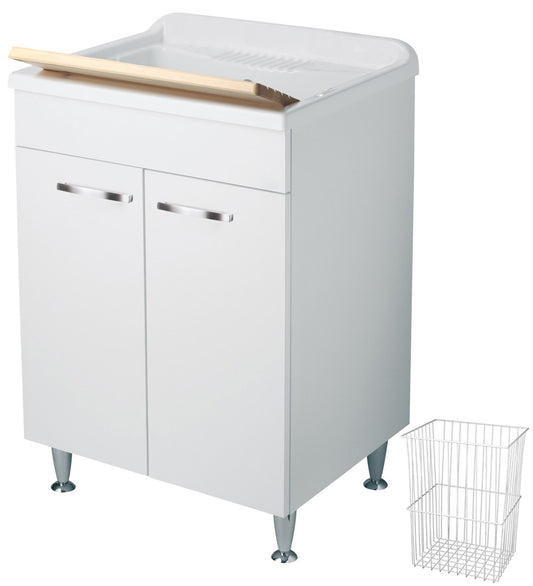 Negrari Classica Lavatoio Montato Misura 60x45 L60 P45 H85 cm Colore Bianco Con Cesto in Appoggio Mobile Nobilitato Idrofugo Vasca Polipropilene Asse Pino Piedini Regolabili Cerniere Anta Chiusura Rallentata Sportello Arrotondato Maniglia Piedini Cromati