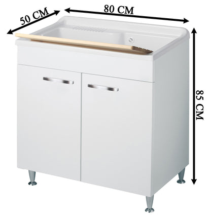 Negrari Classica Lavatoio Montato 80x50 L80 P50 H85 cm Bianco Con Cesto in Appoggio Mobile Nobilitato Idrofugo Vasca Polipropilene Termoformatura Grande Asse Pino Piedini Regolabili Anta Chiusura Rallentata Sportello Arrotondato Maniglia Piedini Cromati