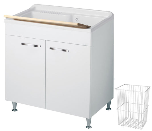 Negrari Classica Lavatoio Montato 80x50 L80 P50 H85 cm Bianco Con Cesto in Appoggio Mobile Nobilitato Idrofugo Vasca Polipropilene Termoformatura Grande Asse Pino Piedini Regolabili Anta Chiusura Rallentata Sportello Arrotondato Maniglia Piedini Cromati