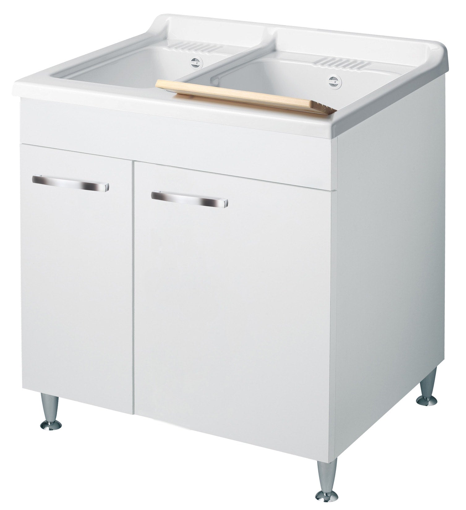 Negrari Classica Lavatoio Montato 75x60 L75 P60 H85cm Bianco Base Mobile Nobilitato Idrofugo 2 Vasche Polipropilene Termoformatura Asse Pino Verniciato Piedini Regolabili Cerniere Ante Chiusura Rallentata Sportelli Arrotondati Maniglie Piedini Cromati