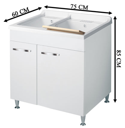 Negrari Classica Lavatoio Montato 75x60 L75 P60 H85cm Bianco Base Mobile Nobilitato Idrofugo 2 Vasche Polipropilene Termoformatura Asse Pino Verniciato Piedini Regolabili Cerniere Ante Chiusura Rallentata Sportelli Arrotondati Maniglie Piedini Cromati