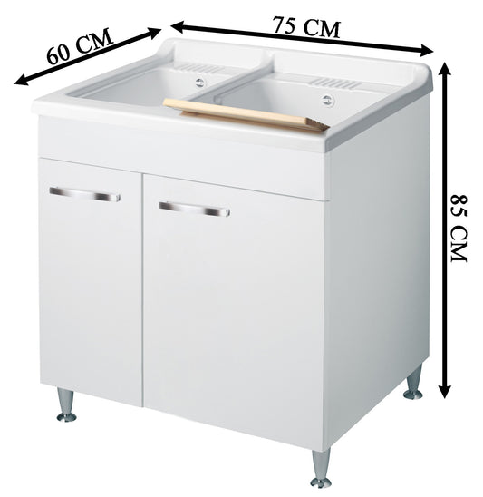 Negrari Classica Lavatoio Montato 75x60 L75 P60 H85 cm Bianco Cesto Appoggio Mobile Nobilitato Idrofugo Bivasca 2 Vasche Polipropilene Termoformatura Asse Pino Piedini Regolabili Anta Chiusura Rallentata Sportello Arrotondato Maniglia Piedini Cromati
