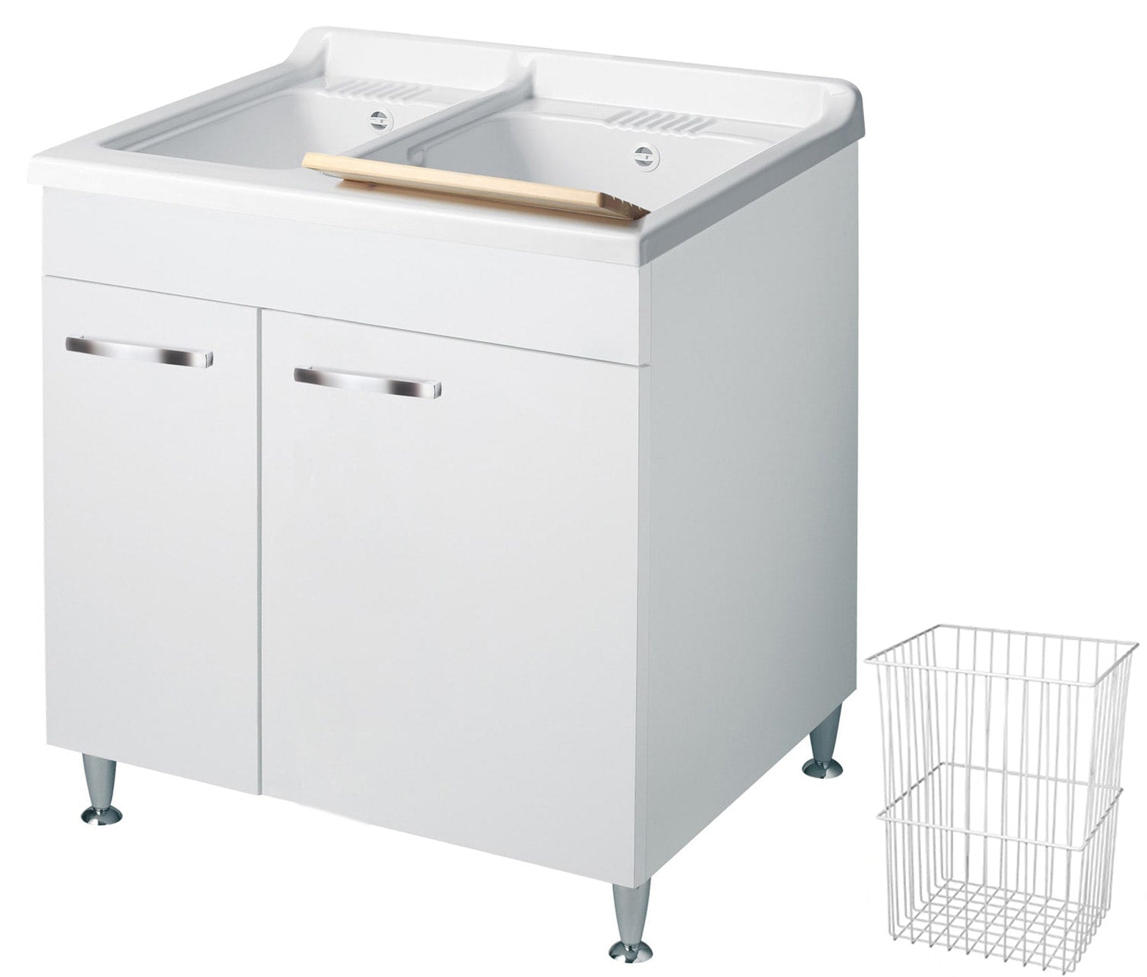 Negrari Classica Lavatoio Montato 75x60 L75 P60 H85 cm Bianco Cesto Appoggio Mobile Nobilitato Idrofugo Bivasca 2 Vasche Polipropilene Termoformatura Asse Pino Piedini Regolabili Anta Chiusura Rallentata Sportello Arrotondato Maniglia Piedini Cromati