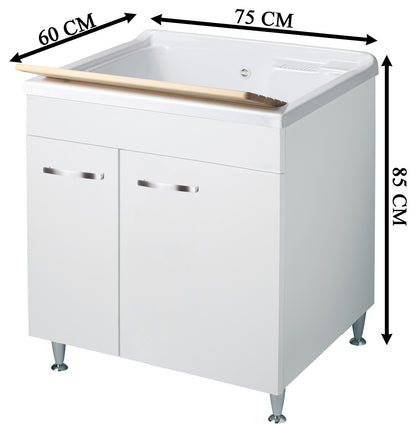 Negrari Classica Lavatoio Montato 75x60 L75 P60 H85 cm Bianco Con Cesto in Appoggio Mobile Nobilitato Idrofugo Vasca Polipropilene Termoformatura Grande Asse Pino Piedini Regolabili Anta Chiusura Rallentata Sportello Arrotondato Maniglia Piedini Cromati