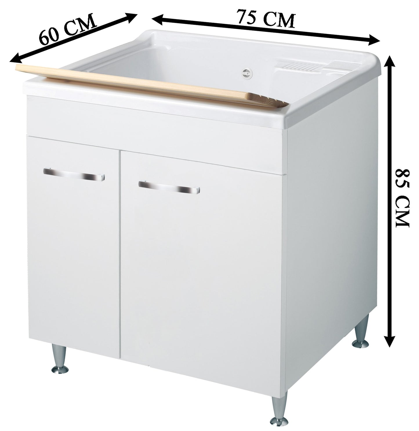 Negrari Classica Lavatoio Montato 75x60 L75 P60 H85cm Bianco Base Mobile Nobilitato Idrofugo Vasca Grande Polipropilene Termoformatura Asse Pino Verniciato Piedini Regolabili Cerniere Ante Chiusura Rallentata Sportelli Arrotondati Maniglie Piedini Cromati