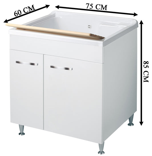 Negrari Classica Lavatoio Montato 75x60 L75 P60 H85cm Bianco Base Mobile Nobilitato Idrofugo Vasca Grande Polipropilene Termoformatura Asse Pino Verniciato Piedini Regolabili Cerniere Ante Chiusura Rallentata Sportelli Arrotondati Maniglie Piedini Cromati
