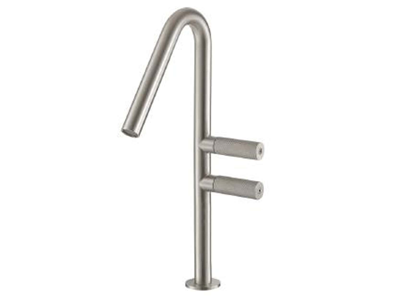 Rubinetterie Treemme 3M 22MM IT 3053 IS 2G ZZ Miscelatore Monoforo Appoggio Lavabo 210 mm 2 Leve Destra Stile Moderno Senza Piletta di Scarico Altezza 340 mm Materiale Acciaio Finitura Acciaio Spazzolato Opaco Inox