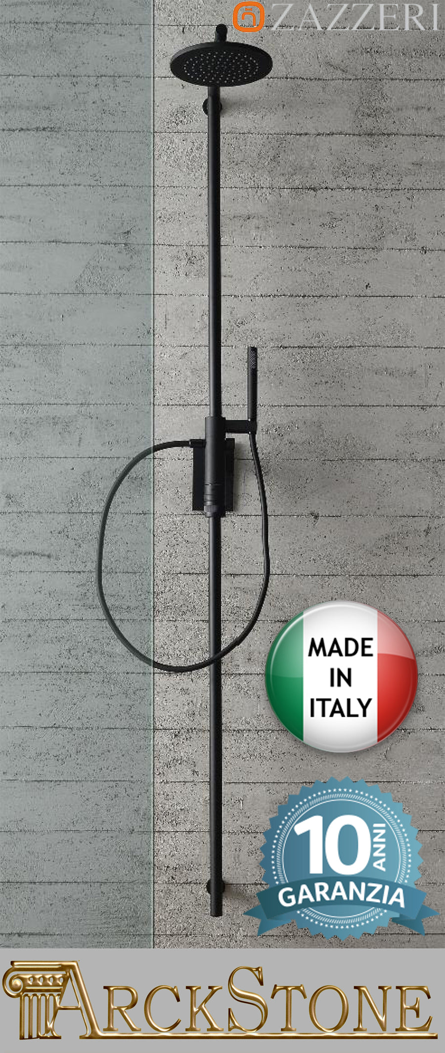 Colonna doccia Zazzeri Showers 2900SO07A00+2900T608A01+2900AM04A00 3131 Miscelatore termostatico soffione anticalcare ispezionabile tondo Ø220 mm doccetta finitura nero parete bagno garanzia 10 anni made in italy