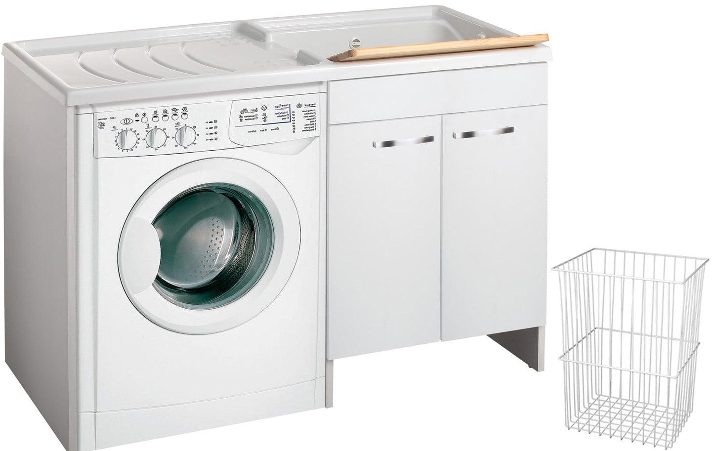 Negrari Classica Lavatoio Coprilavatrice Montato Vasca Destra Lavatrice Sinistra Bianco Anta Battente Arrotondate Cerniere Chiusura Rallentata Cestello Mobile Nobilitato Idrofugo Lavabo Polipropilene Asse Pino Interno Maniglie Cromo L124 P60 124x60 H92 cm